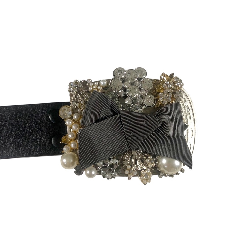 CABI Artist Signed Leather Vintage Black Rhinestones Bow Faux Pearl Belt Small - Picture 2 of 4